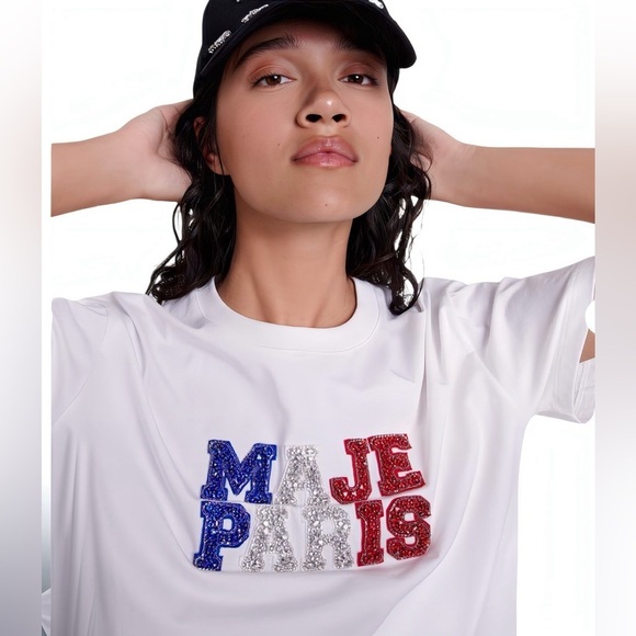 Maje Paris Crystal Logo Cotton Tee White XS